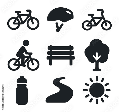 Family Biking Icons. Solid, filled icons set of family biking in park: bicycle, helmet, child bike, parent