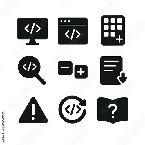 Coding Tools Icons. Solid, filled icons set of coding software and tools: computer screen, coding software,