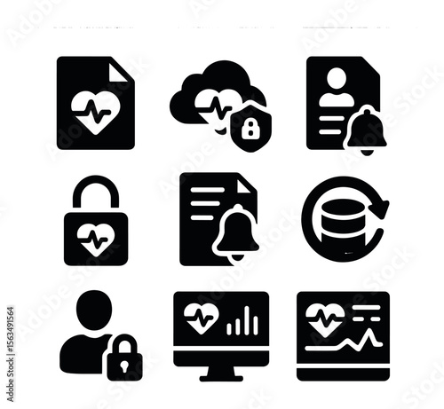 EHR Icons Grid. Solid, filled icons set of electronic health records (EHR): digital file, secure cloud,