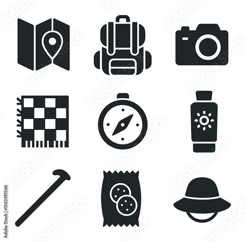 Family Outing Icons. Solid, filled icons set of weekend family outings: map icon, backpack, camera, picnic