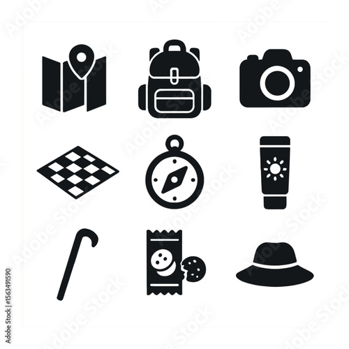 Family Outing Icons. Solid, filled icons set of weekend family outings: map icon, backpack, camera, picnic