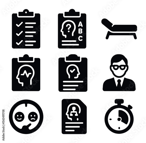 Psychological Assessment Icons. Solid, filled icons set of psychological assessment and intervention: