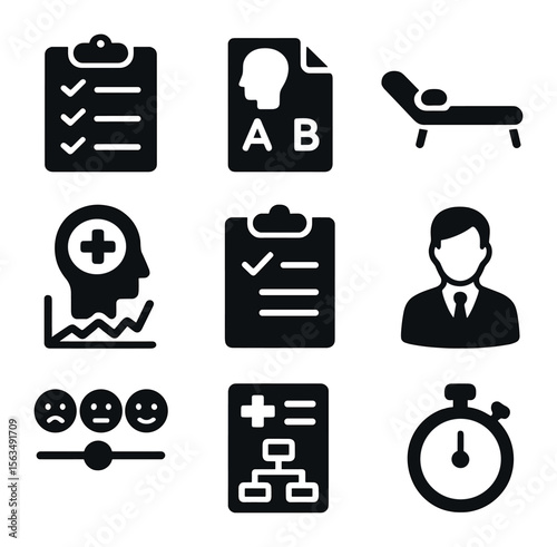 Psychological Assessment Icons. Solid, filled icons set of psychological assessment and intervention: