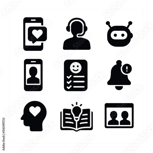 Digital Mental Health Icons. Solid, filled icons set of digital mental health tools: mobile therapy app,