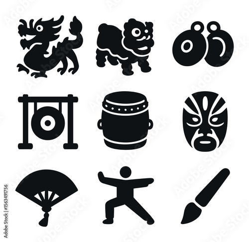 Cultural Performance Icons. Solid, filled icons set of cultural performances: dragon puppet, lion costume,