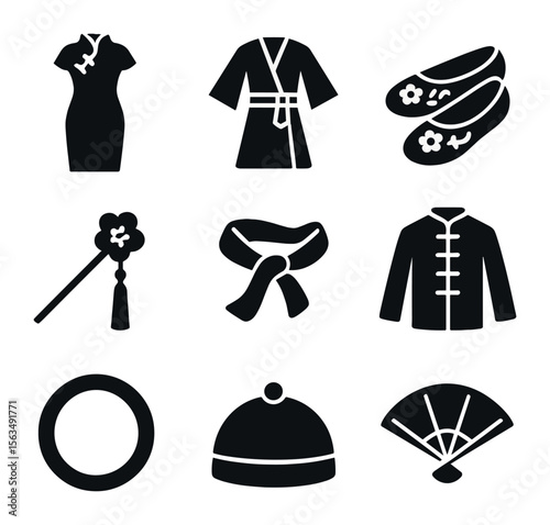 Traditional Attire Icons. Solid, filled icons set of traditional clothing and attire: cheongsam dress, silk
