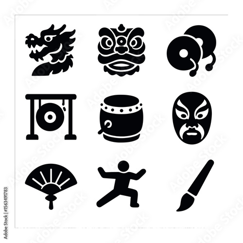 Cultural Performance Icons. Solid, filled icons set of cultural performances: dragon puppet, lion costume,