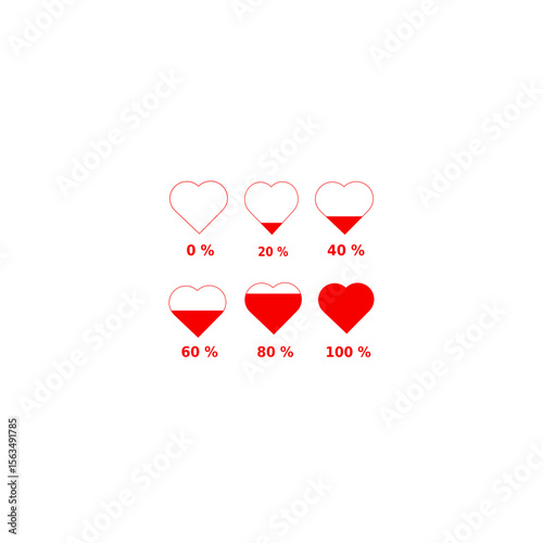 Heart Level Progress vectors Icons Set – Red Heart Percentage Indicators from 0% to 100% for Game UI, Health Bar, Love Meter, or App Design