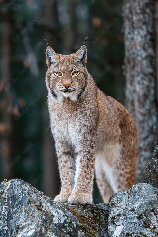 Fototapeta premium Lynx in Alert Posture on Rocky Forest Terrain