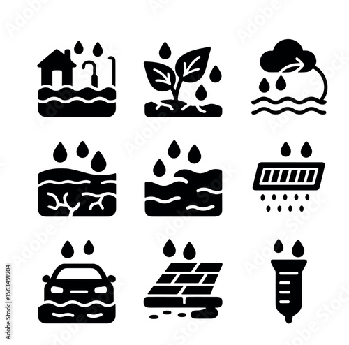Rain Impact Icons. Solid, filled icons set of rain impact on environment: flooded street, wet leaves, water