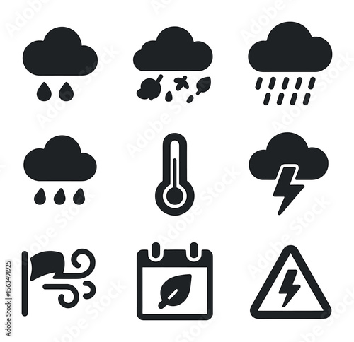 Seasonal Weather Icons. Solid, filled icons set of seasonal weather changes: spring rain, autumn showers,