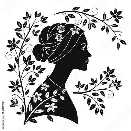 Elegant Woman Silhouette with Floral Frame: Artistic Vector Art