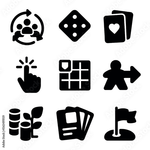 Game Mechanics Icons. Solid, filled icons set of game mechanics: turn order, dice roll, card draw, action