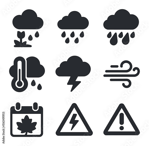 Seasonal Weather Icons. Solid, filled icons set of seasonal weather changes: spring rain, autumn showers,