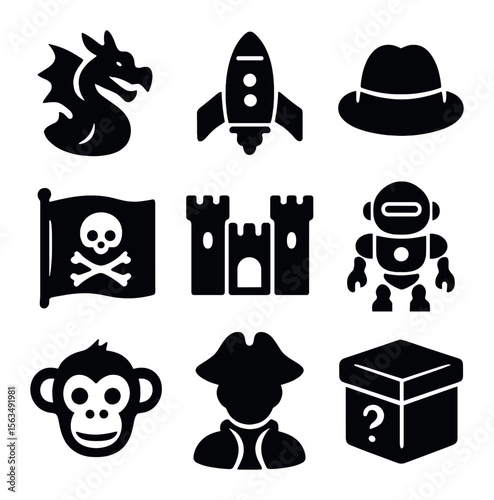 Board Game Icon Set. Solid, filled icons set of board game themes: fantasy dragon, space ship, detective hat,