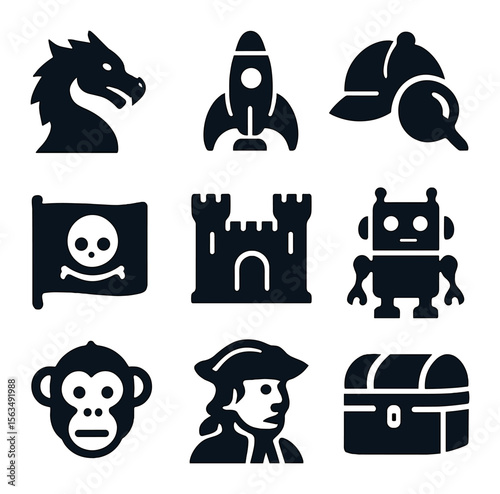 Board Game Icon Set. Solid, filled icons set of board game themes: fantasy dragon, space ship, detective hat,