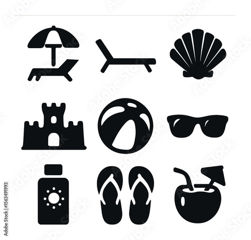 Beach Day Icons. Solid, filled icons set of a relaxing day at the beach: beach umbrella, sun lounger, seashell