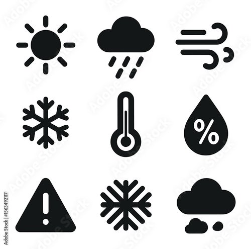 Weather Icons Grid. Solid, filled icons set of weather conditions affecting window cleaning: sun icon, rain