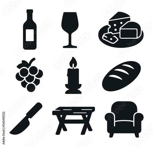 Cheese and Wine Icons. Solid, filled icons set of arranging a cheese and wine evening in a cozy setting: wine