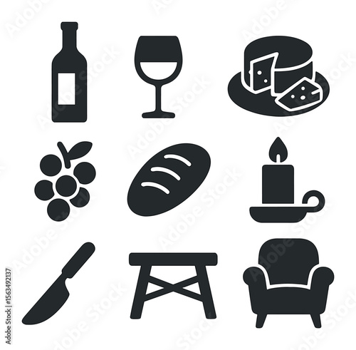 Cheese and Wine Icons. Solid, filled icons set of arranging a cheese and wine evening in a cozy setting: wine