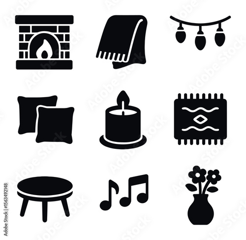 Cozy Ambiance Icons. Solid, filled icons set of cozy ambiance elements: fireplace, throw blanket, string