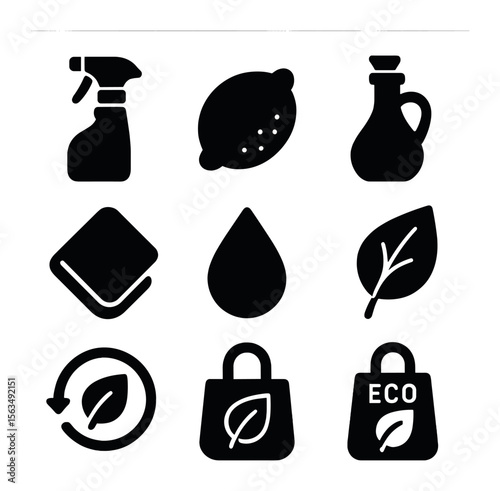 Eco-Friendly Cleaning Icons. Solid, filled icons set of eco-friendly cleaning: natural spray, lemon icon,