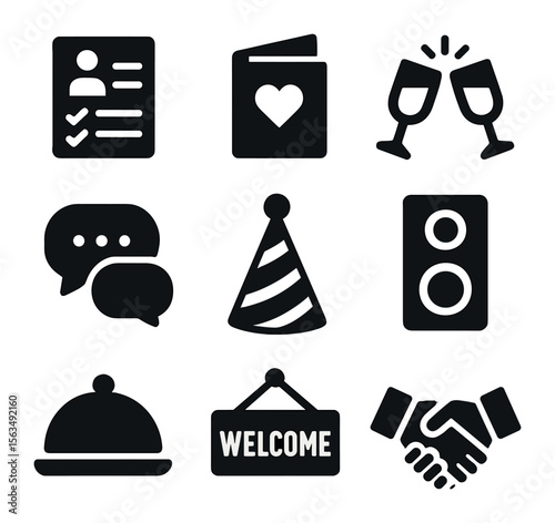 Social Event Icons. Solid, filled icons set of social and hosting elements: guest list, invitation card,