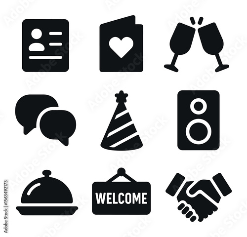 Social Event Icons. Solid, filled icons set of social and hosting elements: guest list, invitation card,