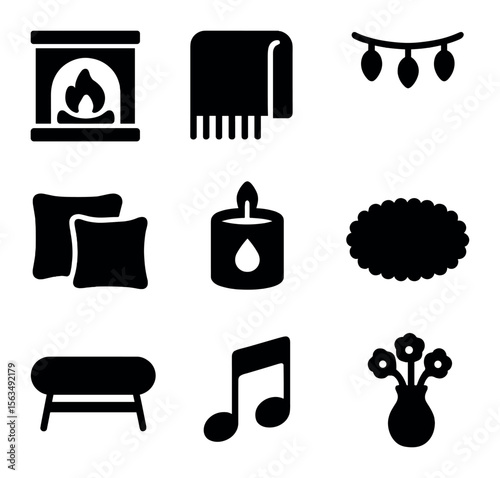 Cozy Ambiance Icons. Solid, filled icons set of cozy ambiance elements: fireplace, throw blanket, string