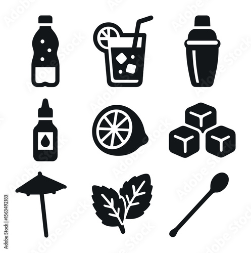 Drinks and Cocktails Icons. Solid, filled icons set of drinks and cocktails accompaniment: sparkling water,