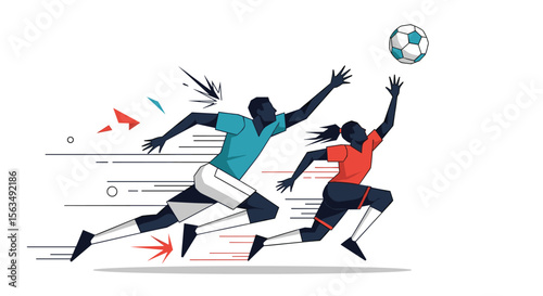 Dynamic Action Shot Capturing Soccer Players Competing for the Ball Mid-Air during a Game of Football Sport