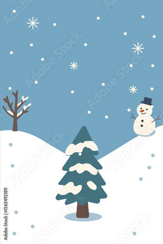 Snowy Tree and Snowman in Winter Landscape

