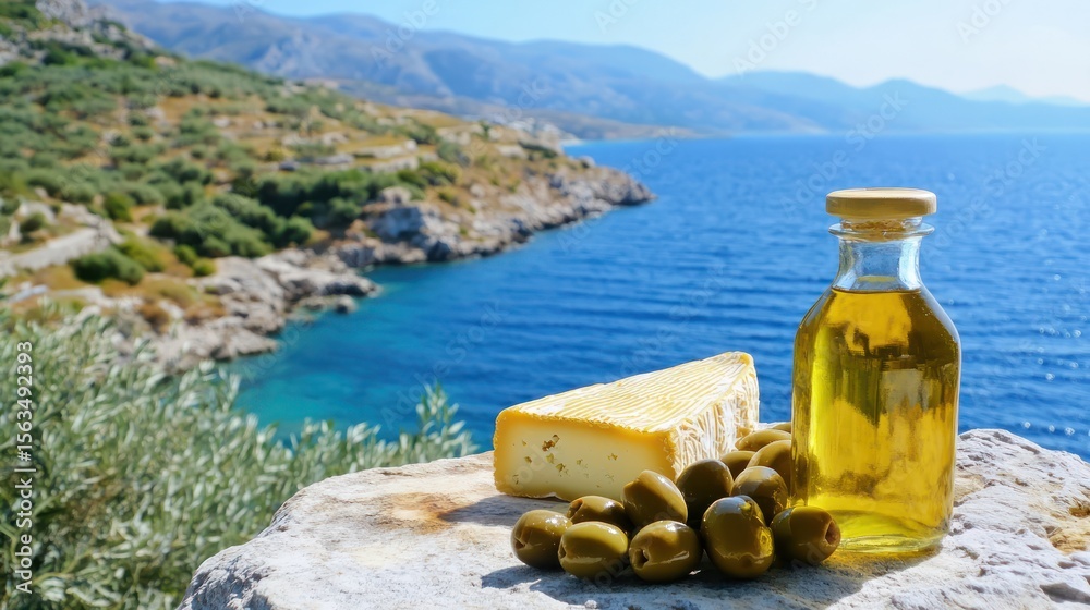 Obraz premium Coastal Greek cheese, olives, oil; idyllic seaside view; food advertisement