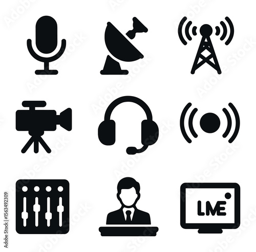 Broadcasting Icons Grid. Solid, filled icons set of broadcasting: microphone, satellite dish, radio tower, TV