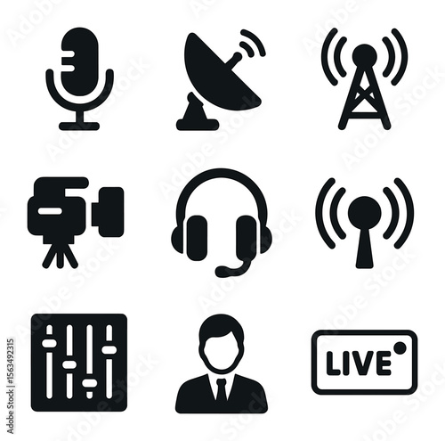 Broadcasting Icons Grid. Solid, filled icons set of broadcasting: microphone, satellite dish, radio tower, TV
