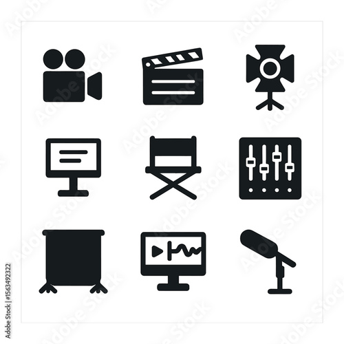 Media Production Icons. Solid, filled icons set of media production: video camera, clapperboard, studio light,
