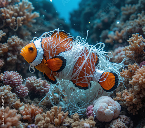 Realistic illustration of a clownfish entangled in plastic waste on a coral reef — highlighting ocean pollution and destructive human impact