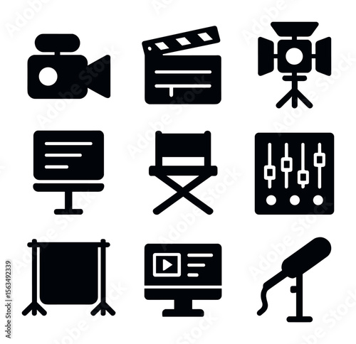 Media Production Icons. Solid, filled icons set of media production: video camera, clapperboard, studio light,
