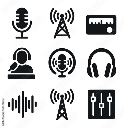 Radio Icon Set. Solid, filled icons set of radio broadcasting: radio microphone, transmitter, frequency dial,