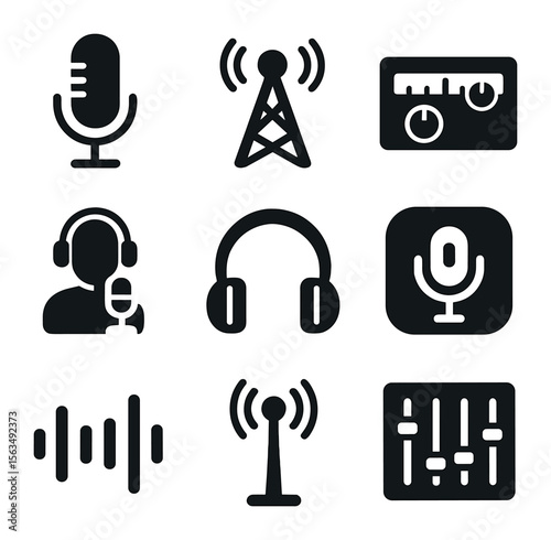 Radio Icon Set. Solid, filled icons set of radio broadcasting: radio microphone, transmitter, frequency dial,