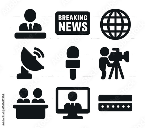 News Media Icons. Solid, filled icons set of news and media: news anchor, breaking news banner, globe icon,