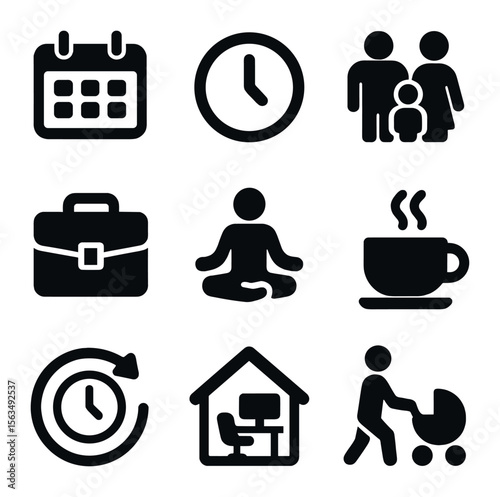 Work-Life Balance Icons. Solid, filled icons set of work-life balance support: calendar, clock, family icon,