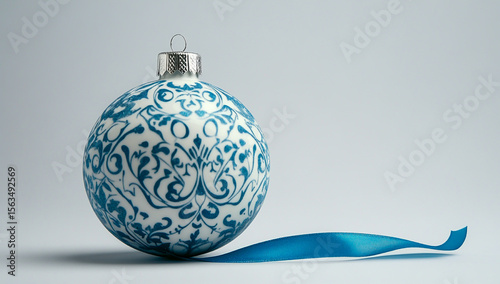 Wallpaper Mural A festive Christmas ornament in blue and white, adorned with a long ribbon at the bottom, highlighting its intricate holiday design and seasonal charm. Torontodigital.ca