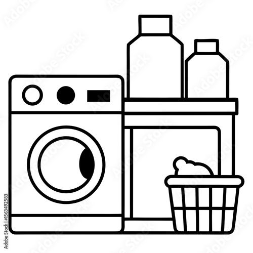 Washer and dryer with laundry baskets, detergent bottles, folded towels, and wall shelves. Bright and organized.