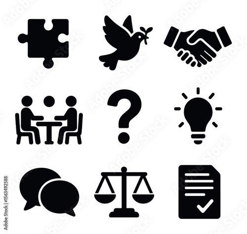 Conflict Resolution Icons. Solid, filled icons set of problem solving and conflict resolution: puzzle pieces,