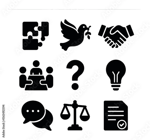 Conflict Resolution Icons. Solid, filled icons set of problem solving and conflict resolution: puzzle pieces,
