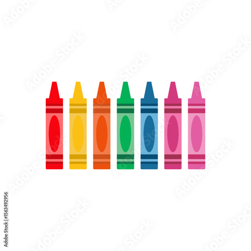 Row of colorful crayons in a rainbow spectrum, arranged horizontally on a plain white background.