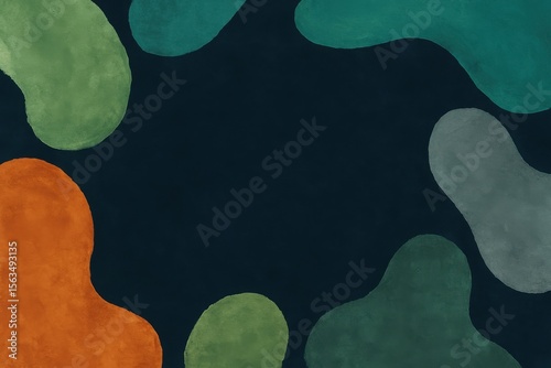 An abstract watercolor background with organic shapes in shades of teal, green, and orange