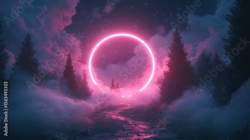 Pink neon ring, mystical forest, night sky, fog, fantasy art, album cover