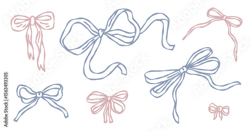 Set of hand-drawn bows in pastel pink and blue. Decorative sketch style with ribbon shapes, loose lines, loops, and flowing tails. Flat minimal vector on white background